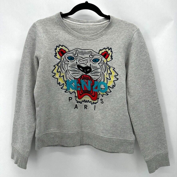 Kenzo Paris Tiger Sweatshirt Womens XS‎ Gray 3D Embroidered Preppy Street City - Picture 1 of 5
